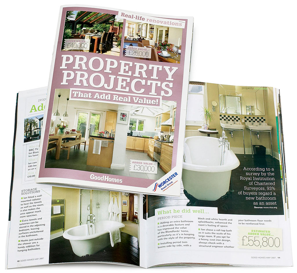 Property Projects in the May 2007 issue of BBC Good Homes magazine featuring the bathroom in Ian Blandford's three-storey Victorian terraced house in south London.