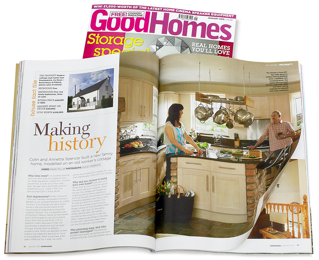 Pages 74 to 79 in the January 2010 issue of BBC Good Homes magazine featuring Annette and Colin Spencer's modern cottage-style house near Downpatrick in County Down.