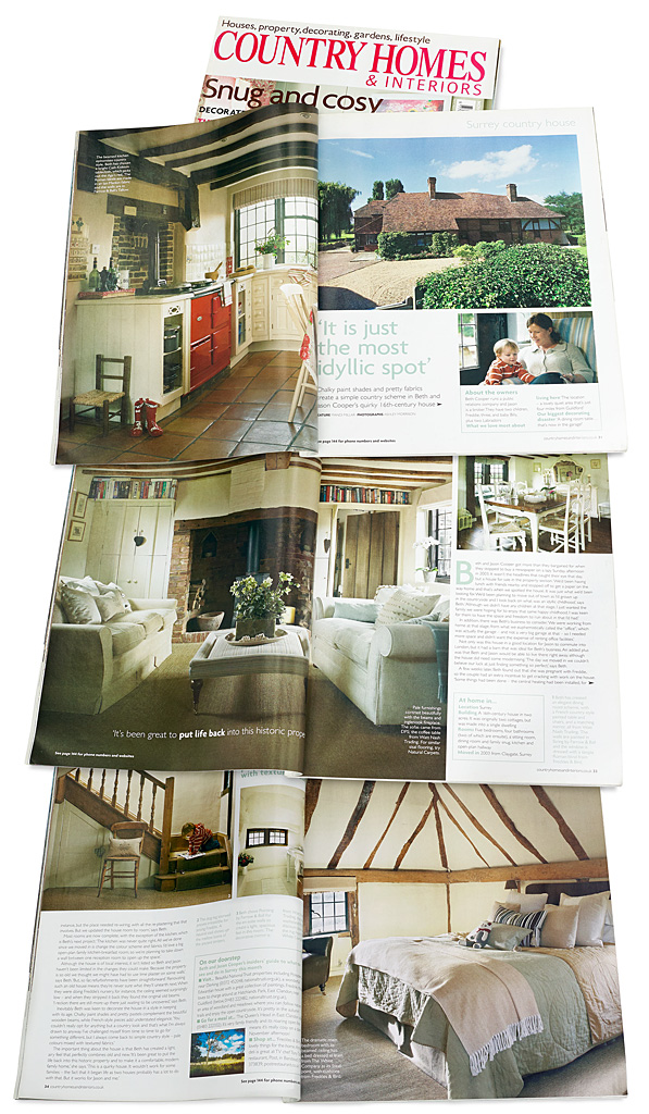 Pages 30 to 35 in the November 2007 issue of Country Homes & Interiors magazine featuring Beth and Jason Cooper's 16th-century Barn style house near Guildford in Surrey.