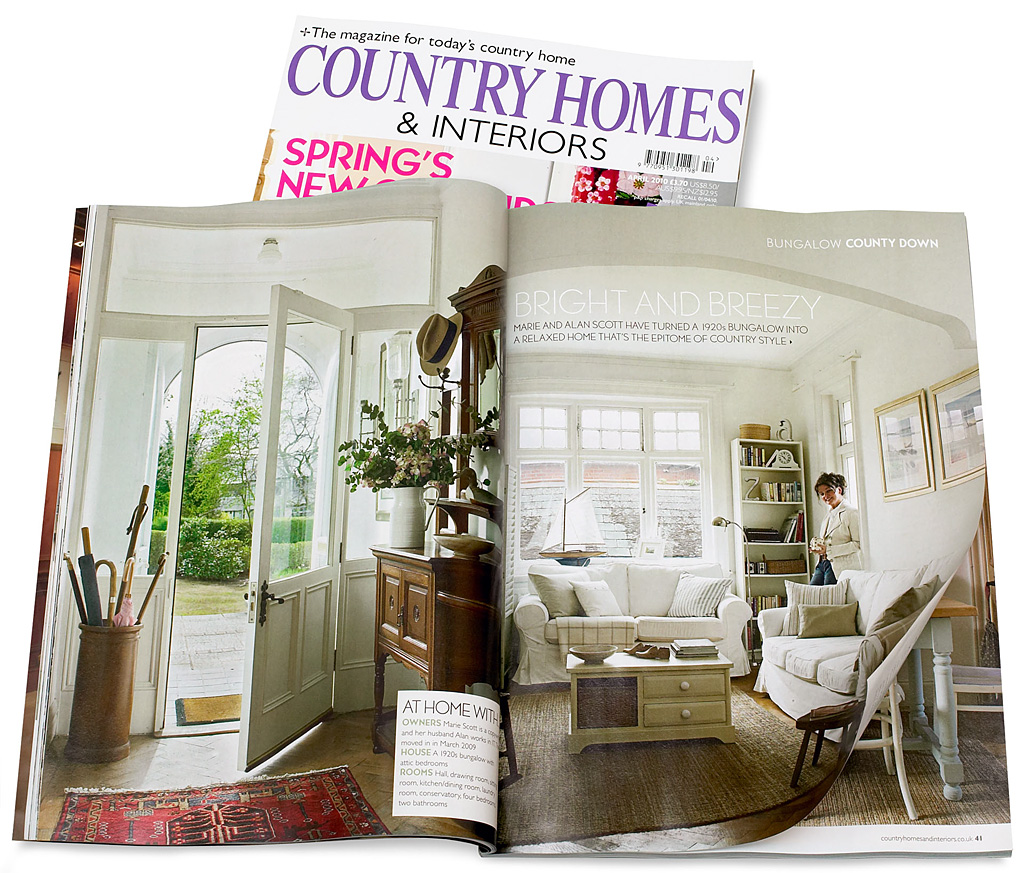 Pages 36 to 44 in the April 2010 issue of Country Homes & Interiors magazine featuring Marie & Alan Scott's 1920's bungalow near Holywood in County Down.
