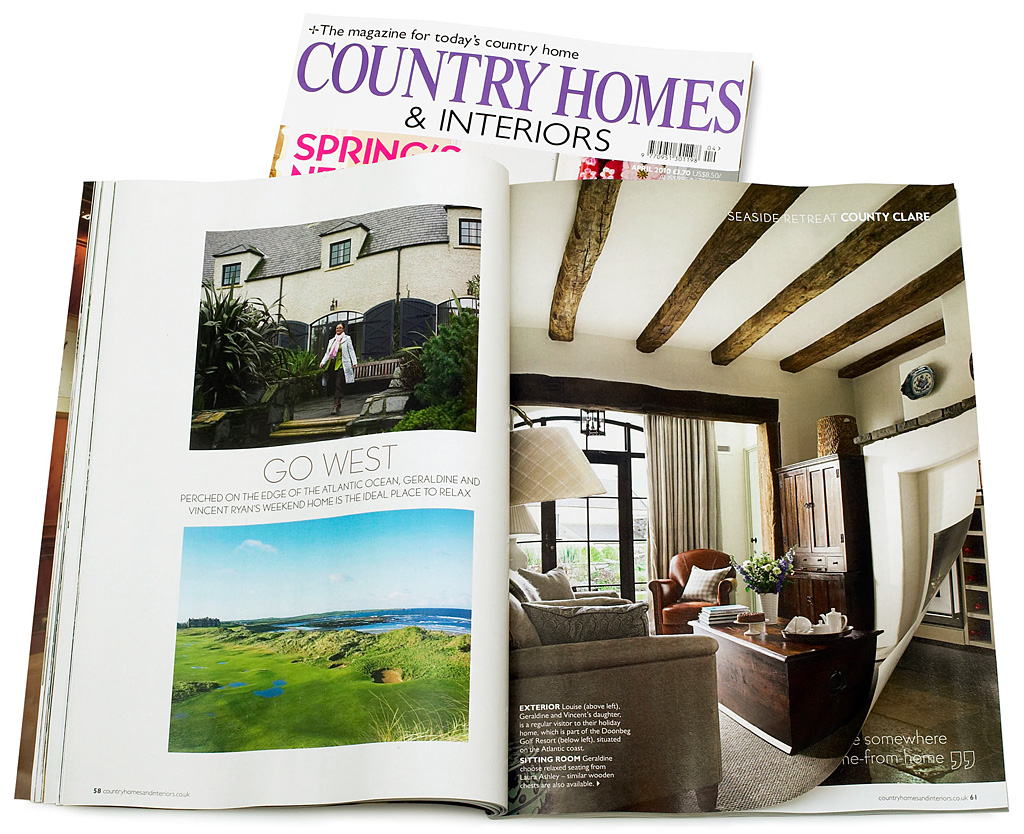 Pages 58 to 63 in the April 2010 issue of Country Homes & Interiors magazine featuring Geraldine and Vincent Ryan's seaside retreat holiday home at Doonbeg Golf Resort in County Clare.