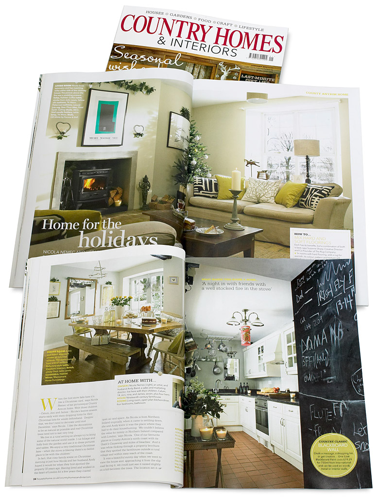 Pages 32 to 39 in the January 2012 issue of Country Homes & Interiors magazine featuring Nicola & Andy Nemec's farmhouse near Armoy in County Antrim at Christmas.