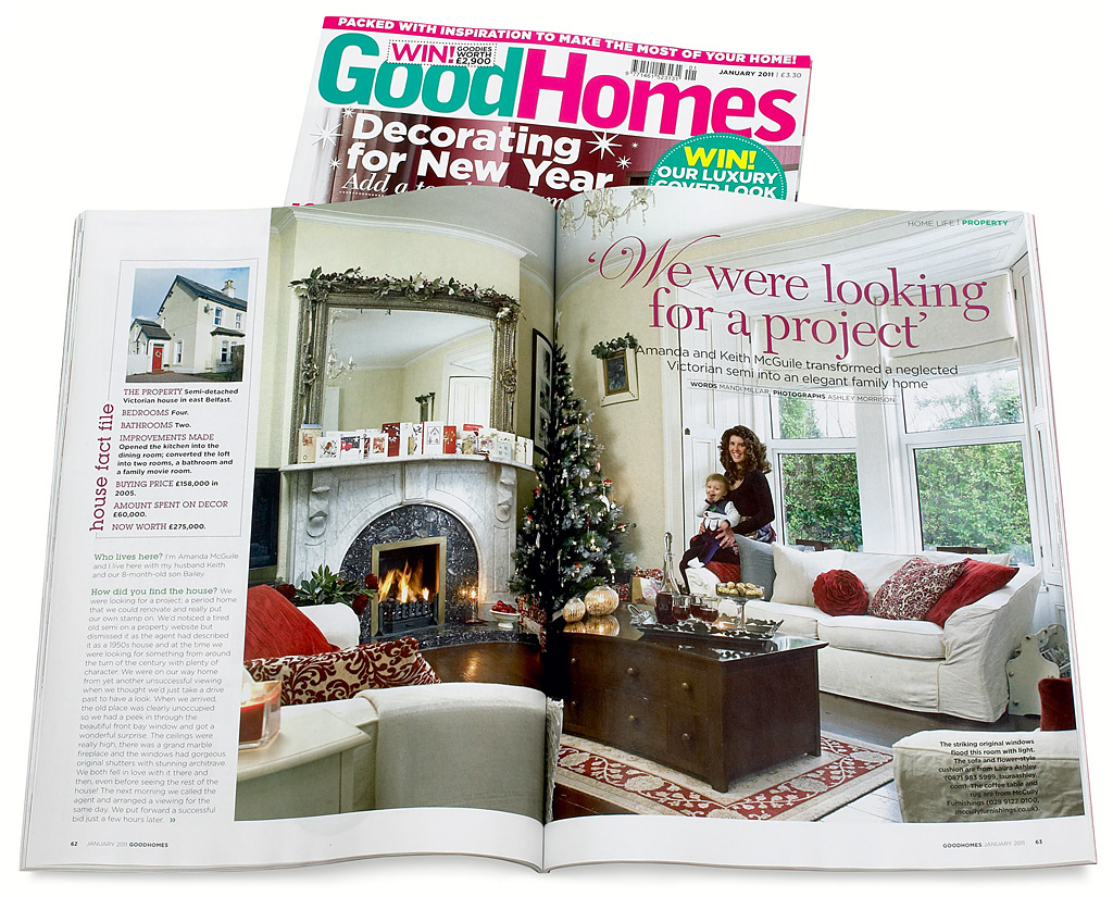 Pages 62 to 67 in the January 2011 issue of GoodHomes magazine - featuring Amanda & Keith McGuile's semi-detached Victorian house in east Belfast at Christmas time. 