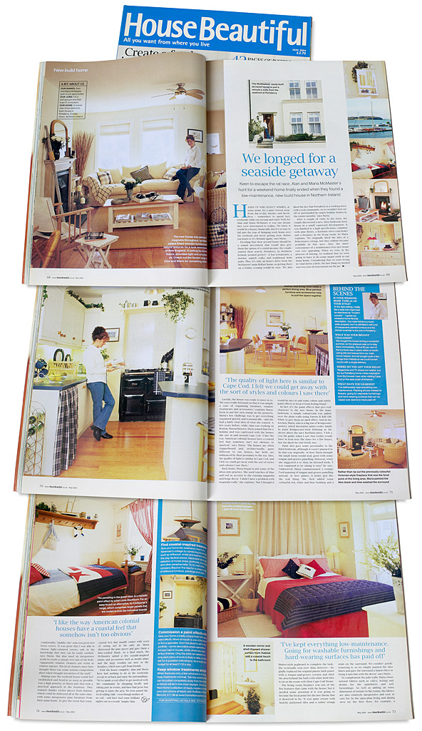 Pages 68 to 74 in the May 2004 issue of House Beautiful magazine featuring Marie McMillen's newly-built terraced house near the seafront in the County Down village of Portaferry.