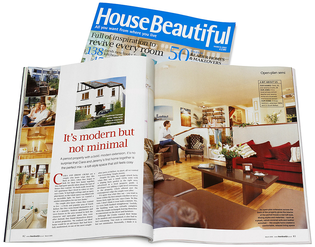 Pages 82 to 85 in the March 2005 issue of House Beautiful magazine featuring Ciara and Jeremy Cruiks' semi-detached house in the Malone area of Belfast.
