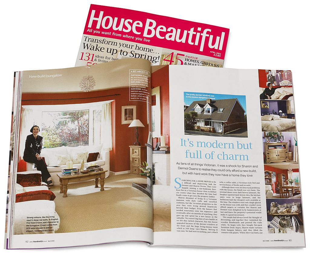 Pages 62 to 65 in the April 2005 issue of House Beautiful magazine featuring Sharon and Dermot Owens' modern bungalow in Belfast.