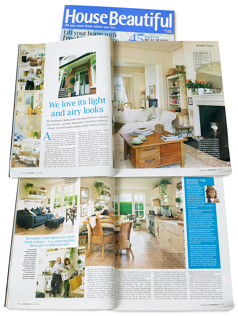 Pages 21 to 25 in the August 2005 issue of 25 Beautiful Homes magazine featuring Maggie and Mike Yeomans' extended Georgian farmhouse near the County Down town of Portaferry.