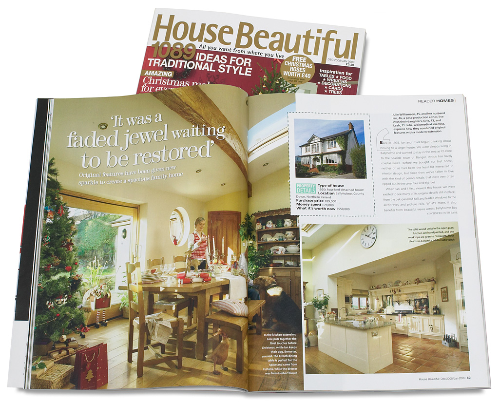 Pages 52 to 57 in the Dec 2008/Jan 2009 issue of House Beautiful magazine featuring Julie and Ian Williamson's detached Edwardian house in the County Down town of Bangor at Christmas time.