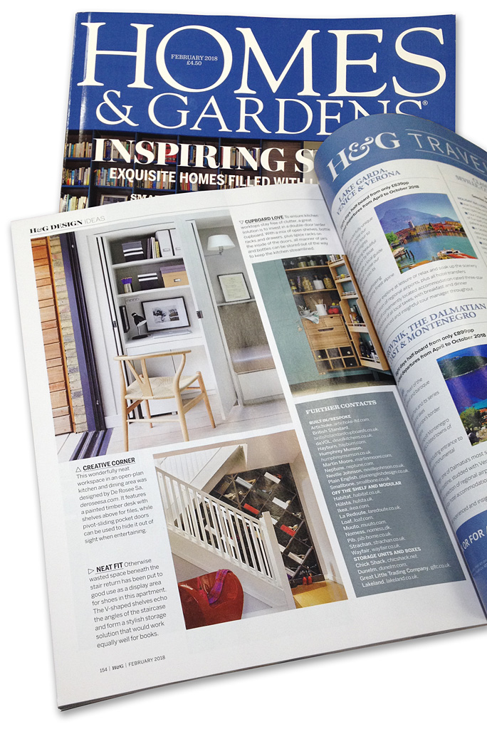 Page 154 in the February 2018 issue of Homes & Gardens magazine featuring Charlotte Hamel's shoe case under the stairs in her modern apartment in Dublin’s stylish docklands area.