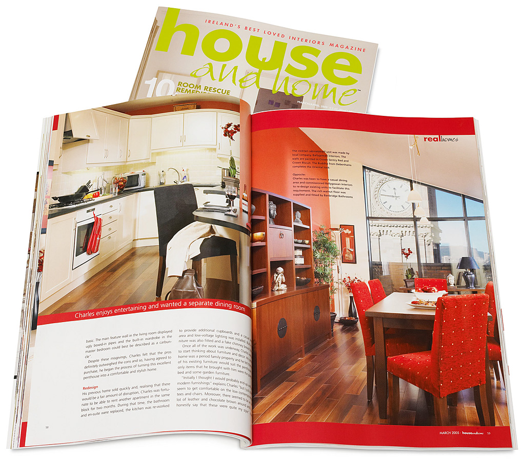 Pages 22 to 25 in the May 2004 issue of 25 Beautiful Homes magazine featuring Charles Sanderson's penthouse apartment beside the Albert Memorial Clock in Belfast.