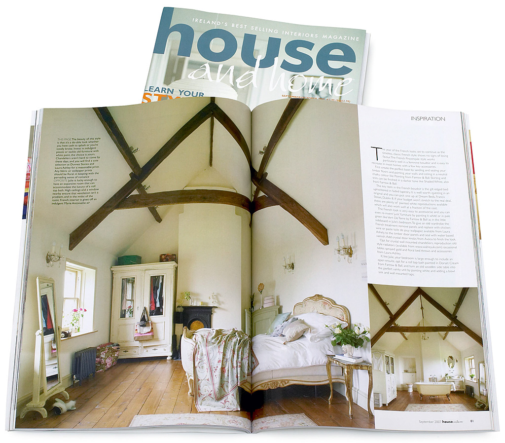 Pages 80 to 81 in the September 2007 issue of House and Home magazine featuring the bedroom & bathroom in Julie-Christian Young's stone farmhouse near Bath.