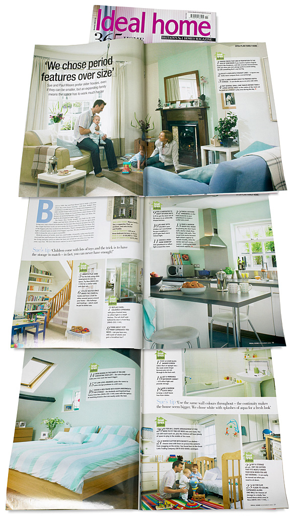 Pages 16 to 21 in the November 2005 issue of Ideal Home magazine featuring Sue and Paul Moore's open-plan townhouse in the County Down village of Hillsborough.