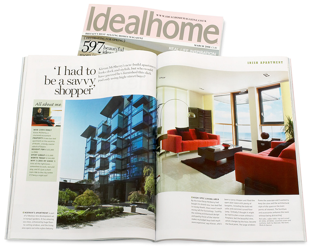 Editorial feature in the March 2008 issue of Ideal Home magazine featuring Kieran McSherry's two-bed apartment on the outskirts of Howth in the coastal suburb of Dublin