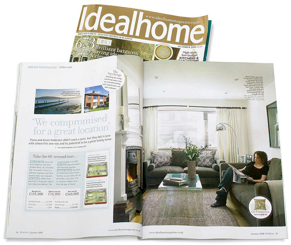 Pages 56 to 61 in the October 2008 issue of Ideal Home magazine featuring Fiona and Arran Anderson's 1950s semi detached house near Holywood in County Down.