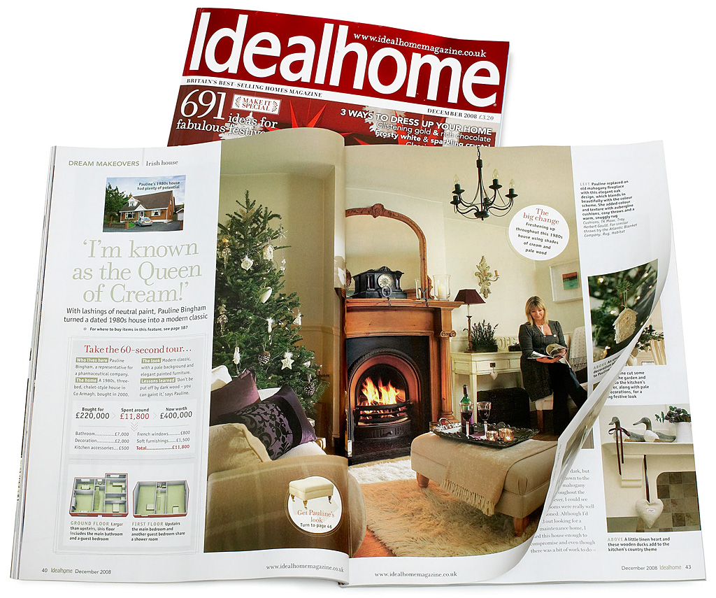 Pages 40 to 46 in the December 2008 issue of Ideal Home magazine featuring Pauline Bingham's 1980s chalet in the County Down town of Bangor at Christmas.