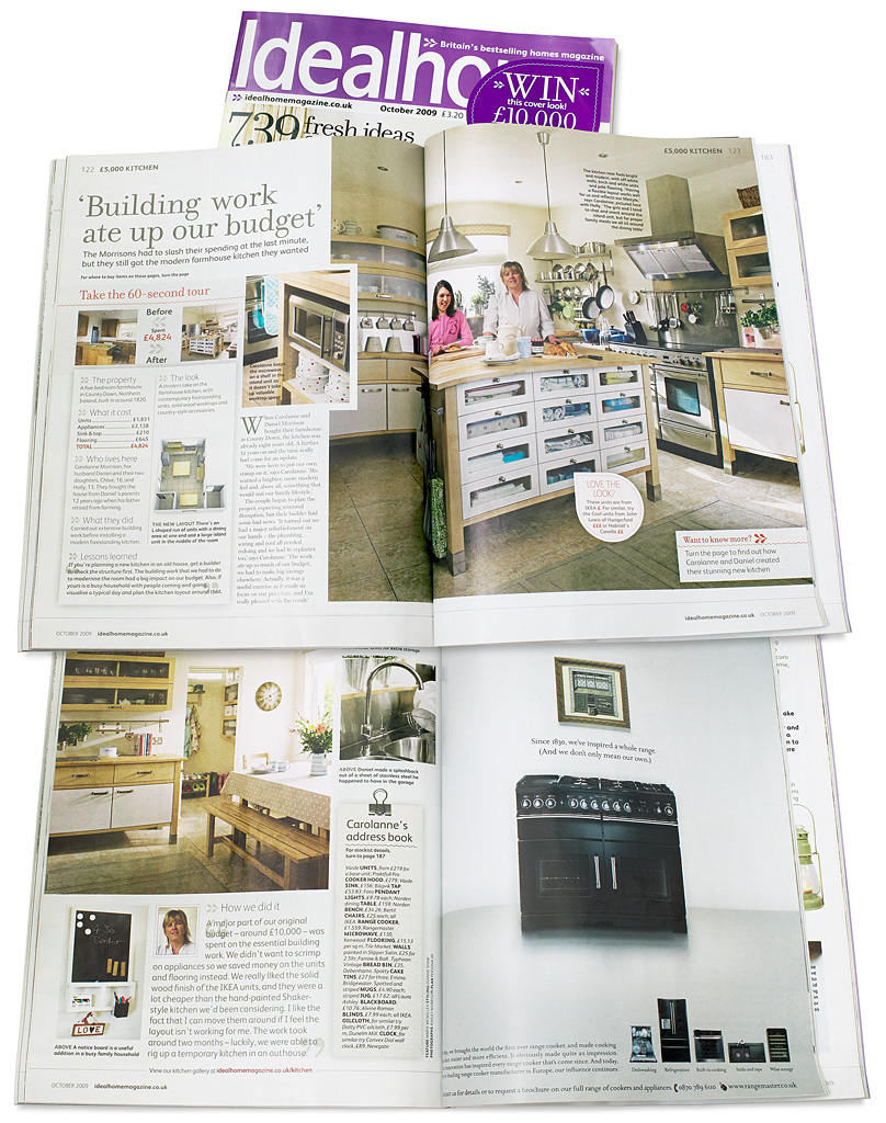 Pages 122 to 124 in the October 2009 issue of Ideal Home magazine featuring the kitchen in the Morrison's farmhouse in County Down.