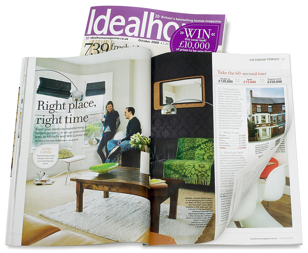 Pages 122 to 124 in the October 2009 issue of Ideal Home magazine featuring Michelle and Will Connor's Victorian end terrace in Belfast.