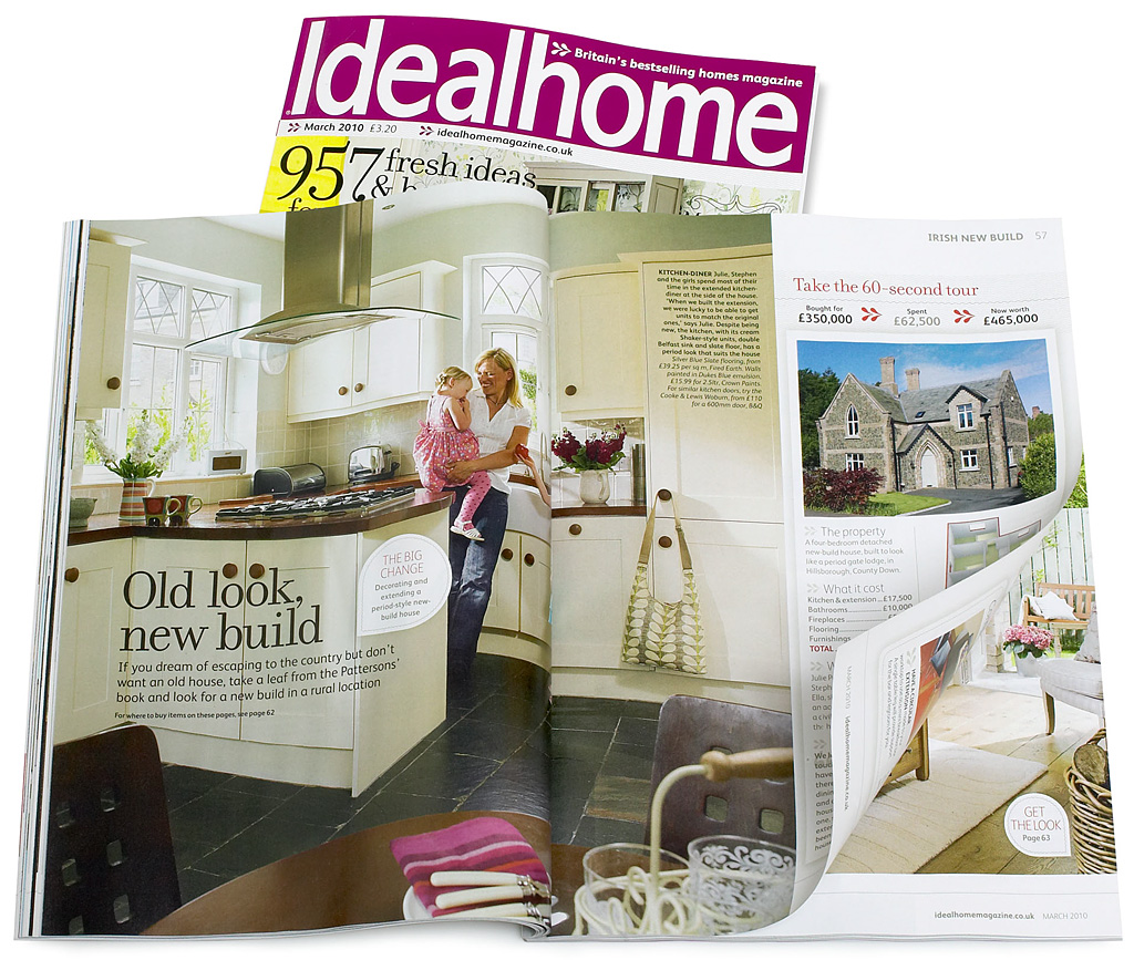 Pages 56 to 61 in the March 2010 issue of Ideal Home magazine featuring Julie and Stephen Patterson's new build on the outskirts of Hillsborough in County Down by Marie McMillen and Ashley Morrison.