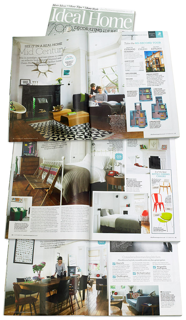 Pages 16 to 22 in the October 2011 issue of Ideal Home magazine featuring Mairead & Owen McIntyre's Victorian terrace in the university area of Belfast.