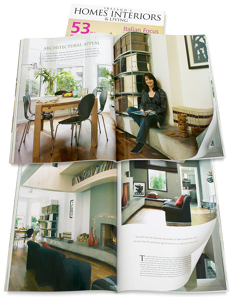 Pages 120 to 128 in the October 2005 issue of Ireland's Homes Interiors & Living magazine featuring Alison and Alastair Hall's renovated terraced house in Belfast.