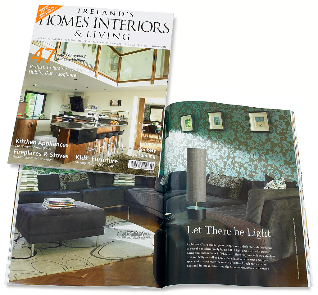 The cover plus pages in the February 2010 issue of Ireland's Homes Interiors & Living magazine featuring Claire and Stephen Macartney's Irish farmhouse near Whitehead in County Antrim.