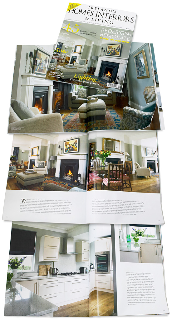 The cover plus pages 94 to 104 in the April 2011 issue of Ireland's Homes Interiors & Living magazine - featuring Andrew Webb's semi detached house in the Belmont area of Belfast.