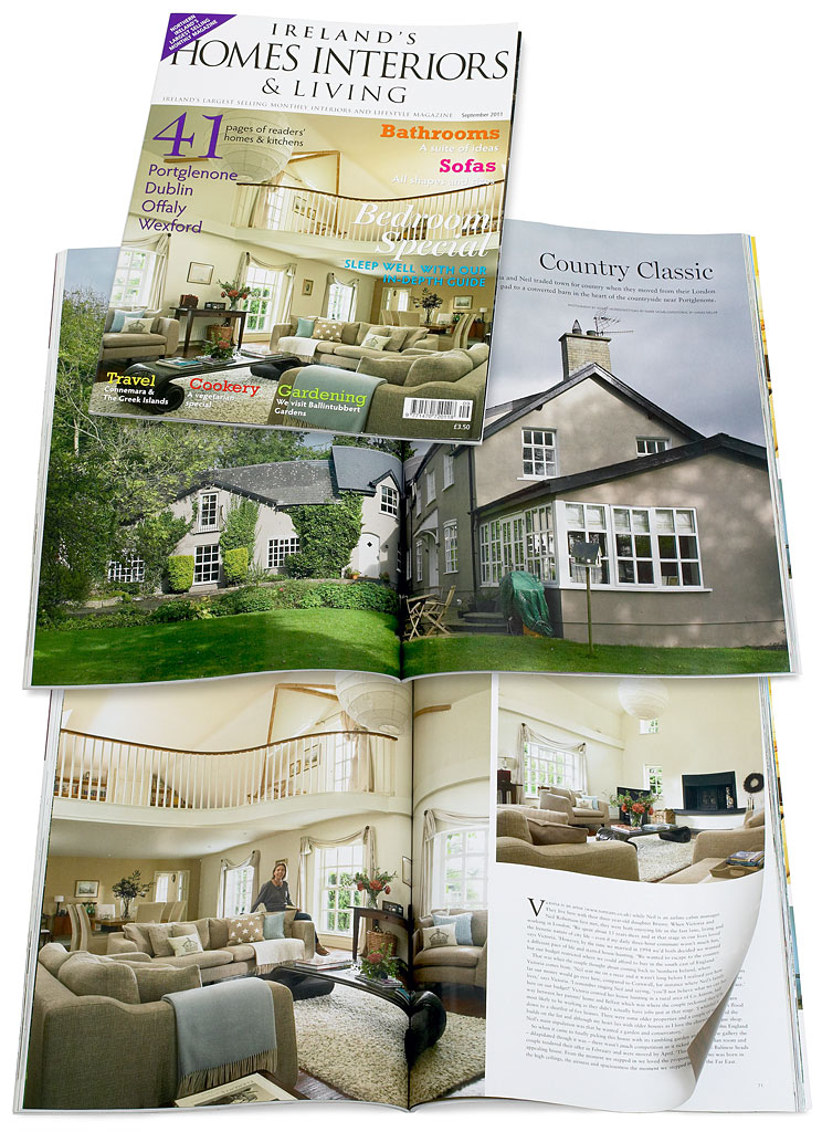 The cover plus pages 66 to 76 in the September 2011 issue of Ireland's Homes Interiors & Living magazine featuring Victoria & Neil Robertson's converted farmhouse near Portglenone in County Antrim.