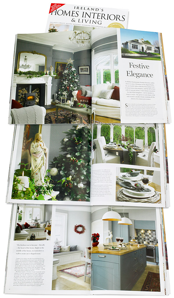 Pages 78 to 86 in the December 2014 issue of Ireland's Homes Interiors & Living magazine featuring Seamus Sweeney's cottage style bungalow near Holywood in County Down at Christmas.