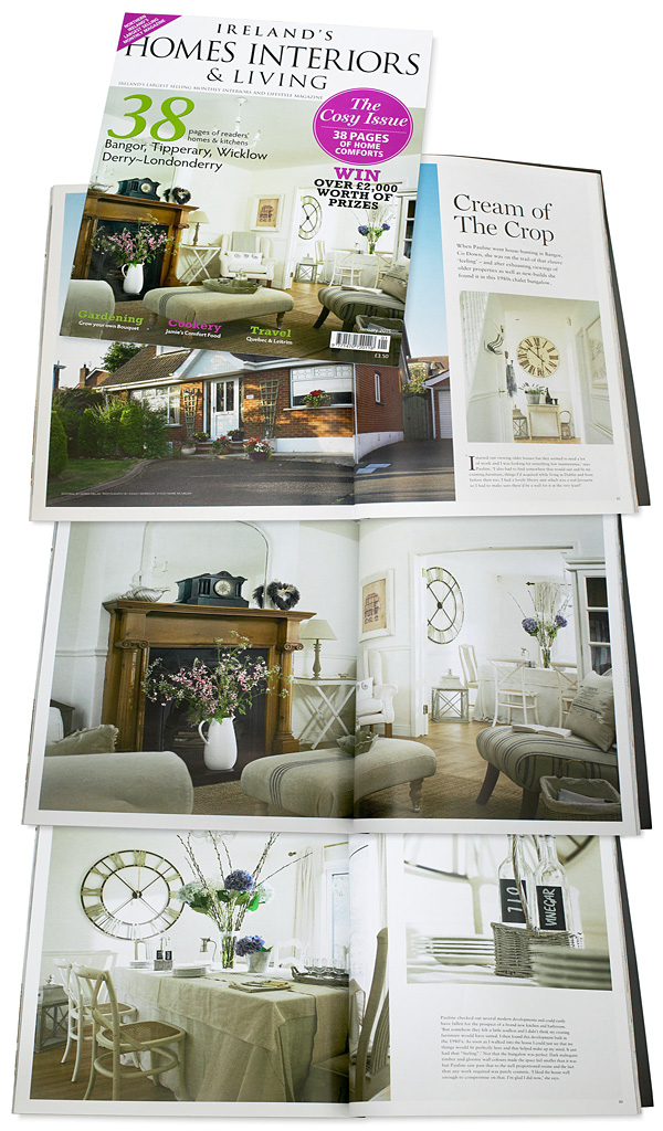 The cover plus pages 84 to 97 in the January 2015 issue of Ireland's Homes Interiors & Living magazine featuring Alastair & Pauline Bingham's chalet bungalow in the County Down town of Bangor.