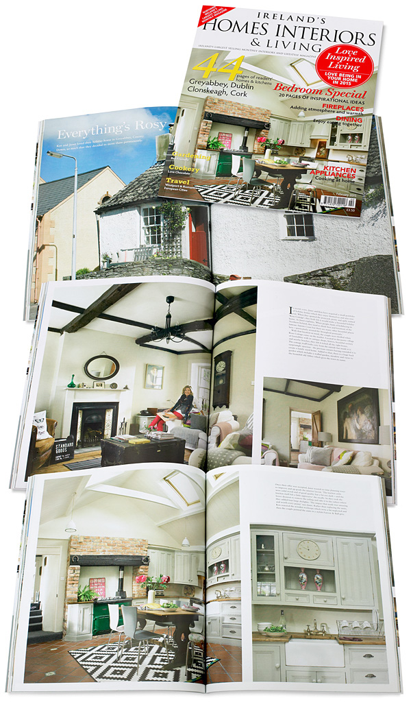 The cover plus pages 66 to 79 in the February 2015 issue of Ireland's Homes Interiors & Living magazine featuring Janet & Ken Hamilton's traditional Irish cottage in the County Down village of Greyabbey.