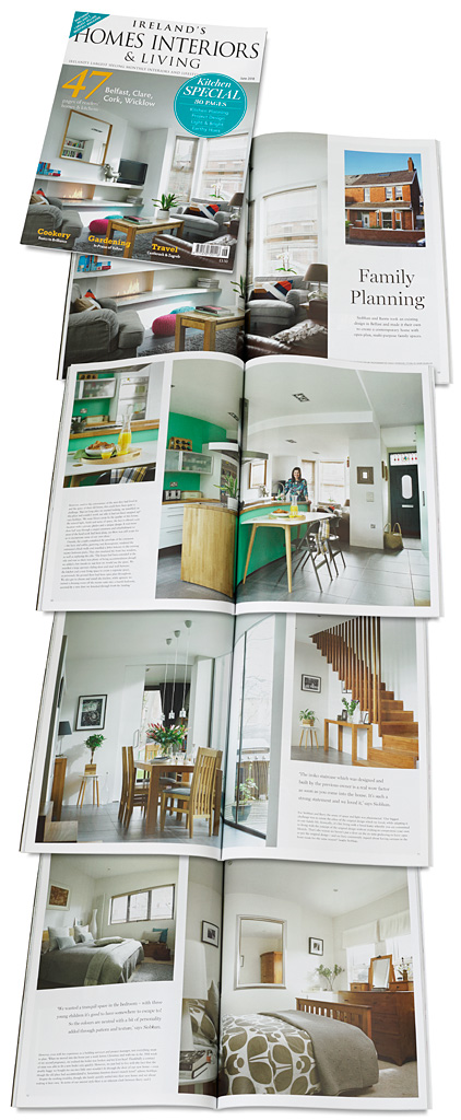 The cover plus pages 64 to 75 in the June 2018 issue of Ireland's Homes Interiors and Living magazine featuring Siobhan and Barrie McQuillan's semi detached house in Belfast.