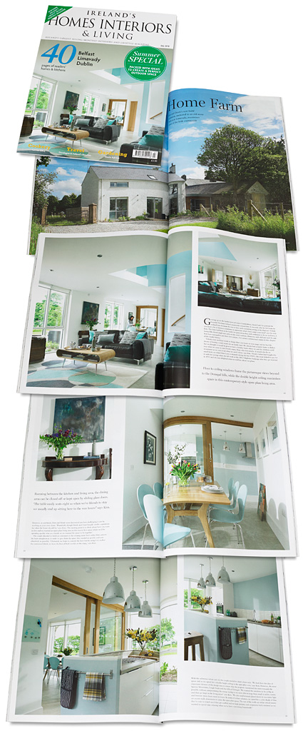 The cover plus pages 80 to 91 in the July 2018 issue of Ireland's Homes Interiors and Living magazine featuring Kim and Derek Loughery's barn extension nestled in the Sperrin Mountains near Limavady in County Londonderry.