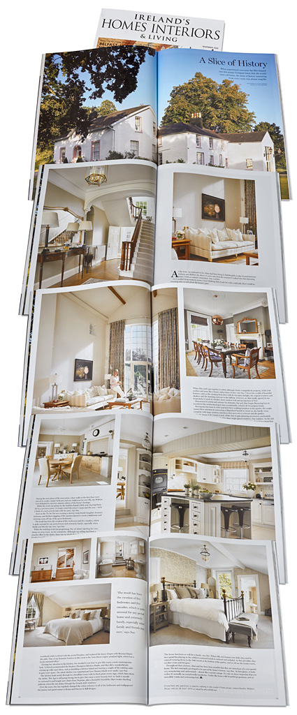Pages 56 to 65 in the November 2020 issue of Ireland's Homes Interiors & Living magazine featuring Sue and Alan Wilton's renovated Georgian cottage near Lisburn in County Antrim.