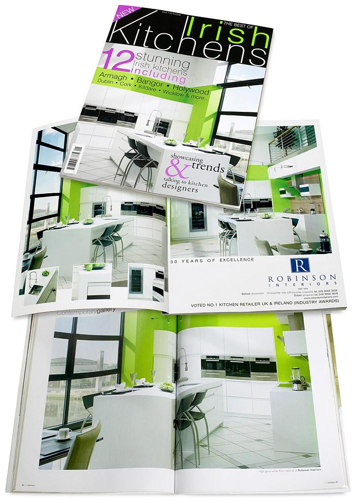 Media use: Magazine ads, advertorial features and the cover of Irish Kitchens magazine.