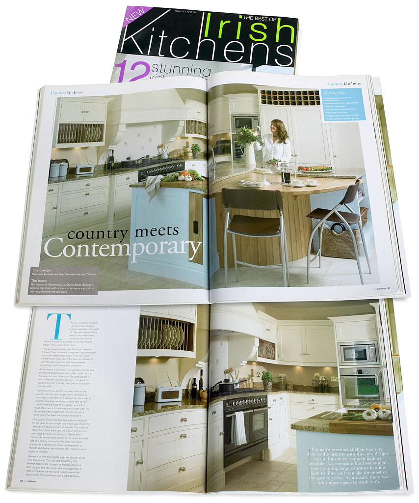 Advertorial feature in the 1st issue of the Irish Kitchens magazine by Robinson Interiors on pages 104 to 109.