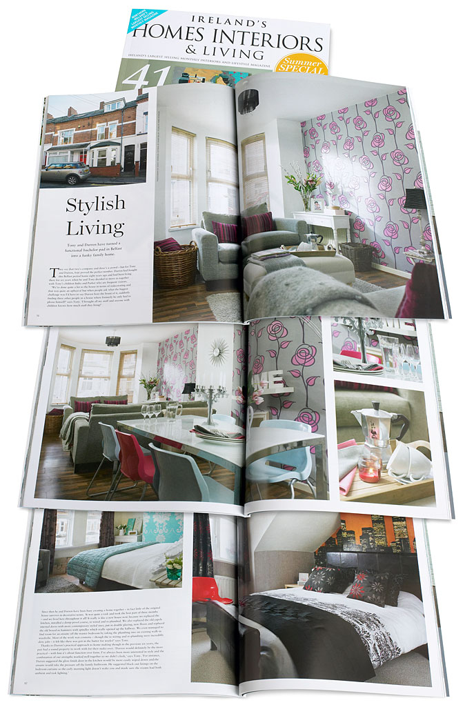 Pages 76 to 85 in the July 2014 issue of Ireland's Homes Interiors & Living magazine featuring Darren Baird & Tony Day's three storey mid terrace in Belfast.