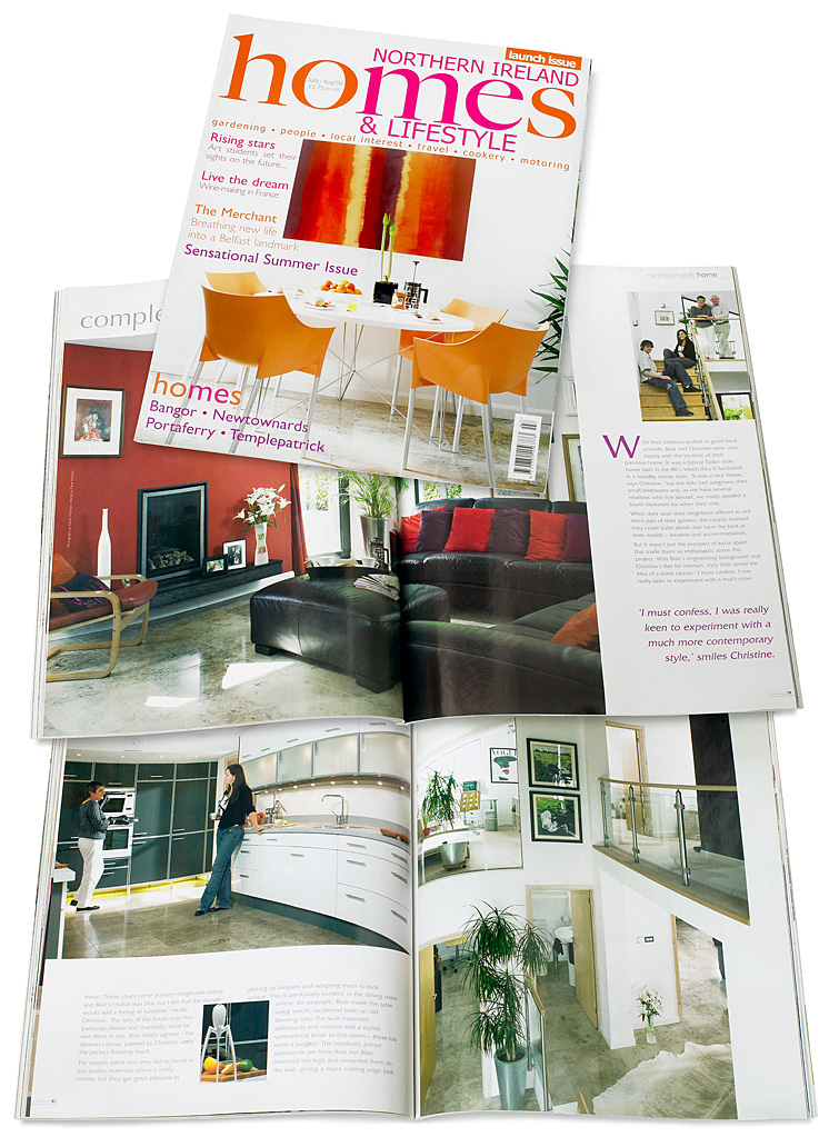 The cover plus pages 78 to 86 in the July and August 2006 issue (Launch issue) of Northern Ireland Homes & Lifestyle magazine featuring Christine and Blair Donley's Tudor style house which was built in the 80's in the County Down seaside town of Bangor.
