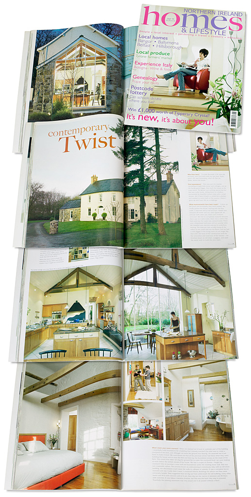 Cover plus pages 66 to 72 in the September 2006 issue of Northern Ireland Homes & Lifestyle magazine featuring Jane Burnside's converted farmhouse near Ballycastle in County Antrim.