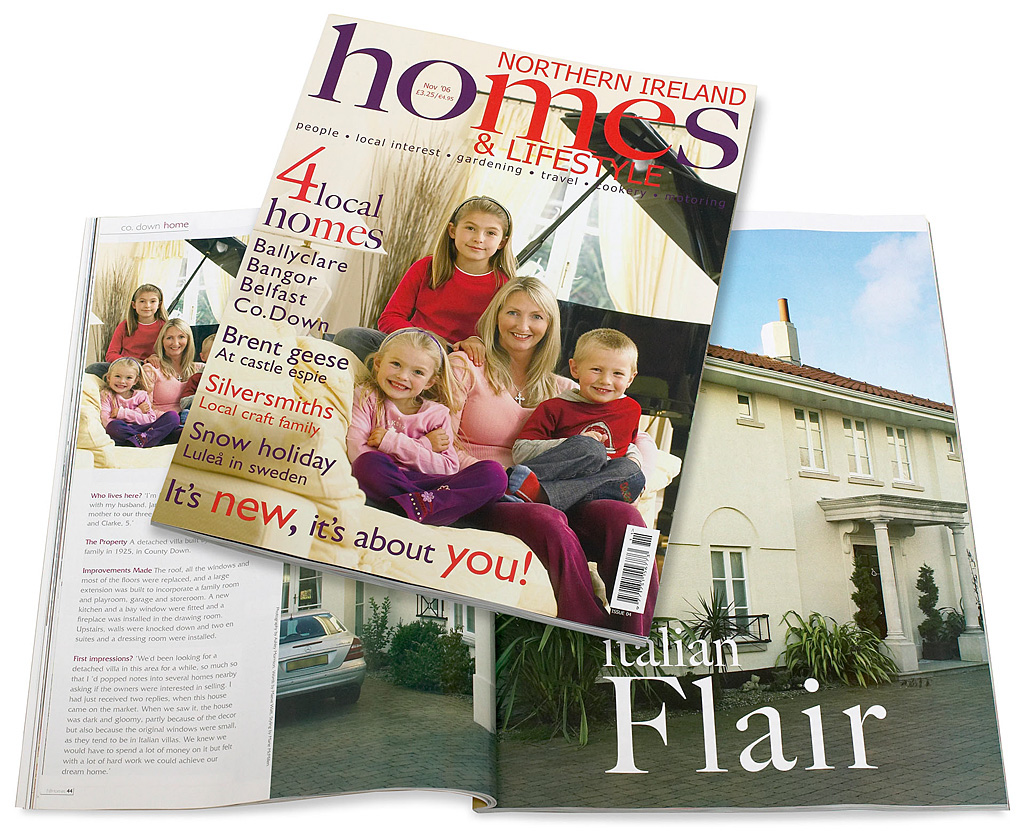 The cover plus pages 44 to 51 in the November 2006 issue of Northern Ireland Homes & Lifestyle magazine featuring Marilyn and Jamie Patterson's detcahed villa in the County Down town of Bangor.