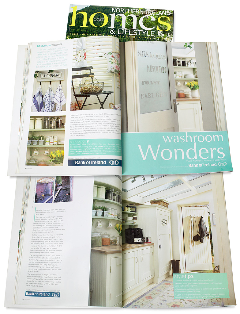 Pages 63 to 66 in the July / August 2007 issue of Northern Ireland Homes & Lifestyle magazine - featuring a utilityroom makeover by Marie McMillen in her Edwardian semi-detached house in Belfast.