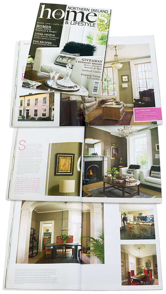 The cover plus pages 12 to 16 in the October 2007 issue of Northern Ireland Homes & Lifestyle magazine - featuring Andre & Seamus Sweeney's three storey Georgian terrace near Holywood in County Down.
