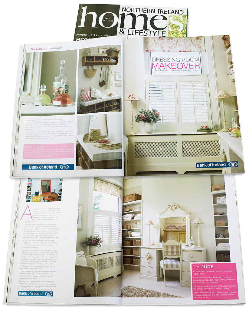 Pages 53 to 56 in the October 2007 issue of Northern Ireland Homes & Lifestyle magazine featuring a dressing room which Marie McMillen transformed in her home in Belfast.