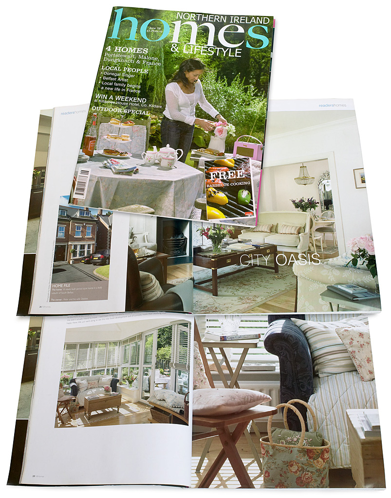 The cover plus pages 26 to 34 in the June 2008 issue of Northern Ireland Homes & Lifestyle magazine featuring Debbie and Peter Cooper's new-build semi detached townhouse in the Malone area of Belfast.