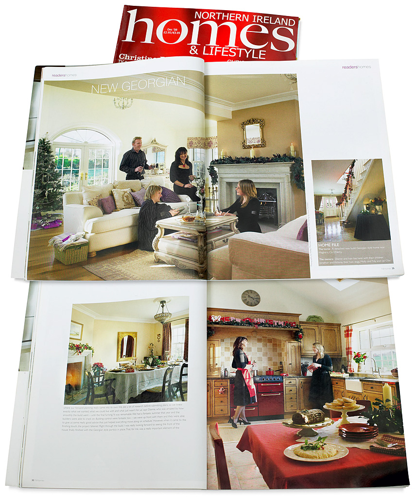 Pages 24 to 30 in the December 2008 issue of Northern Ireland Homes & Lifestyle magazine featuring Dianne and Ivan Shaw's detached Georgain-style new-build house near Millisle in County Down at Christmas.