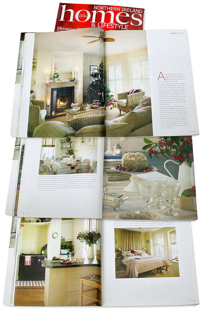 Pages 35 to 42 in the December 2008 issue of Northern Ireland Homes & Lifestyle magazine featuring Leah Abusow's townhouse in the County Down of village of Portaferry at Christmas.