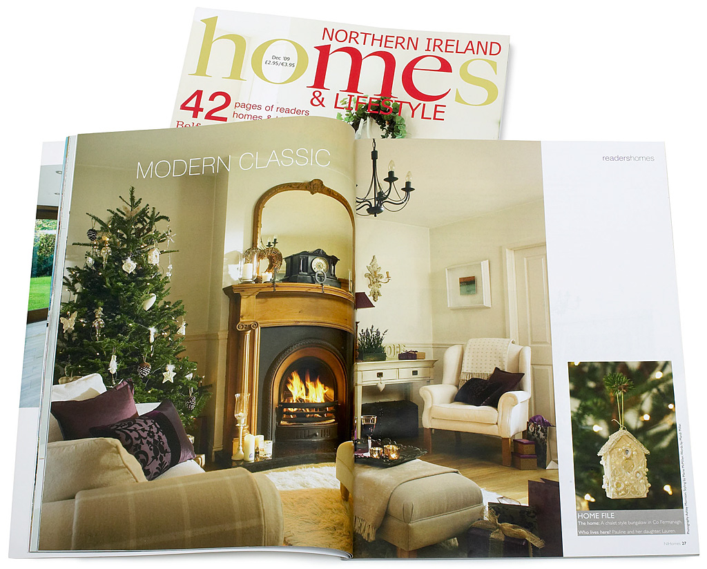 Pages 26 to 33 in the December 2009 issue of Northern Ireland Homes & Lifestyle magazine featuring Pauline Bingham's 1980s chalet in the County Down town of Bangor at Christmas.