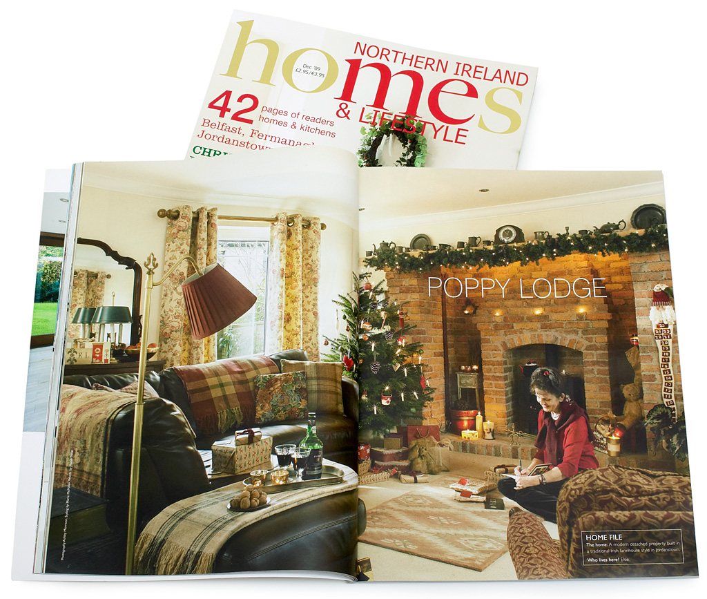 Pages in the December 2009 issue of Northern Ireland Homes & Lifestyle magazine featuring Elsie Spoerri's detached house called 'Poppy Lodge' near Jordonstown in County Antrim at Christmas time.