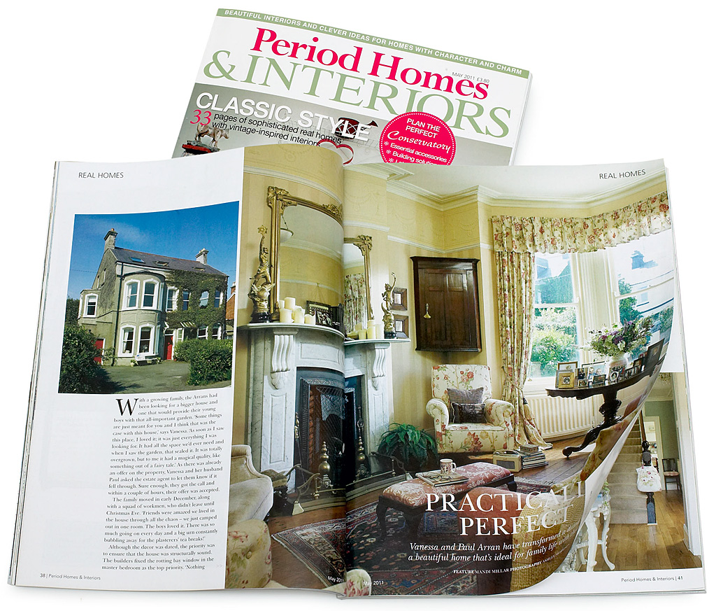 Pages 38 to 43 in the May 2011 issue of Period Homes & Interiors magazine featuring Paul and Vanessa Arran's Victorian semi detached house the County Down town of Bangor.