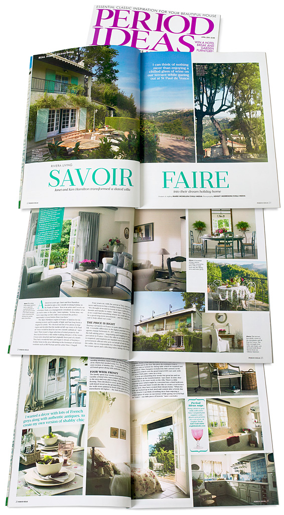 Pages 22 to 27 in the April 2015 issue of Period Ideas magazine featuring Janet and Ken Hamilton's villa 'Jasmin' near the French Riviera village of St Paul de Vence.