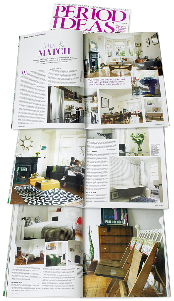 Pages 38 to 45 in the April 2015 issue of Period Ideas magazine featuring Mairead & Owen McIntyre's Victorian terrace in the university area of Belfast.